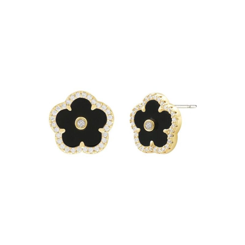 Jankuo Flower 14K Plated Onyx Cz Stud Earrings